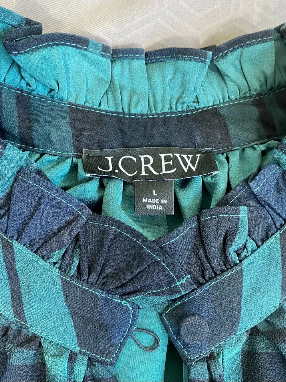 J. Crew Dark Green and Navy Plaid Long-Sleeve Ruffle-Hem Dress size Large